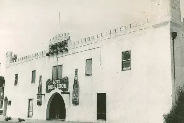 Black and white photo of exterior of the Amarillo Natatorium